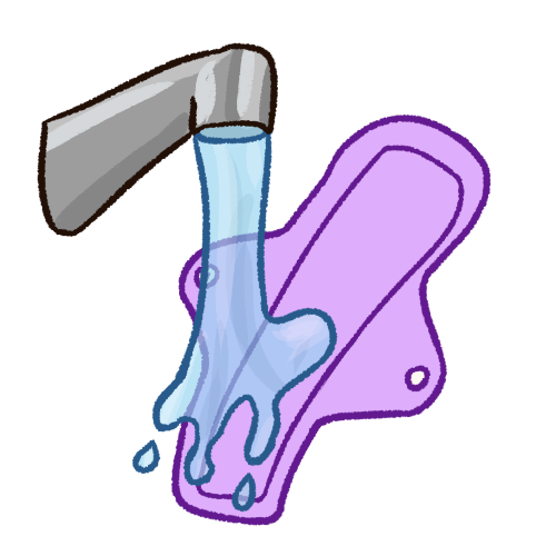 A drawing of a pale purple cloth pad underneath a running faucet, with transparent blue water splashing onto it. 